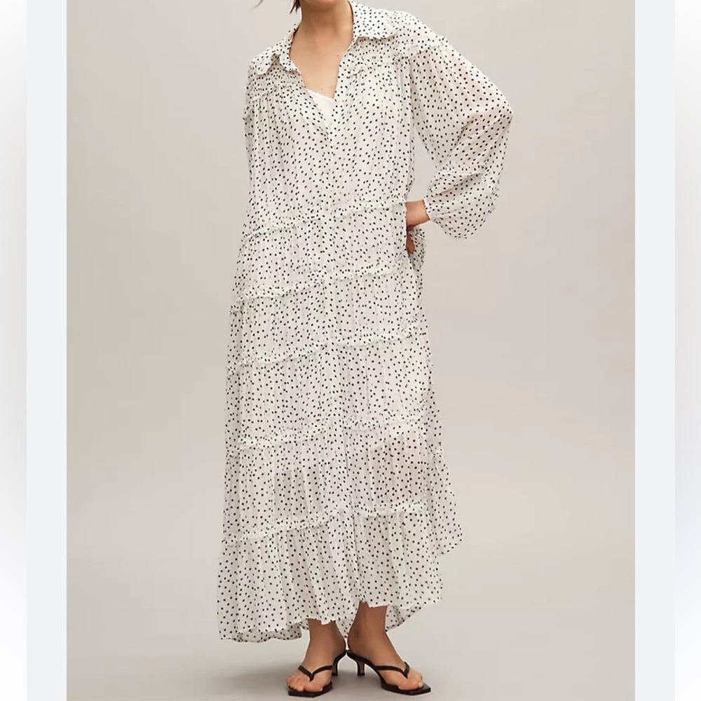 Anthropologie Long-Sleeve Smocked Tiered Polka Dot Maxi Dress Size Small New